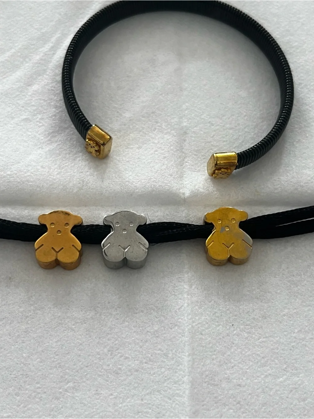Kids Adjustable Black Cord Bracelet with Gold & Silver Teddy Charms